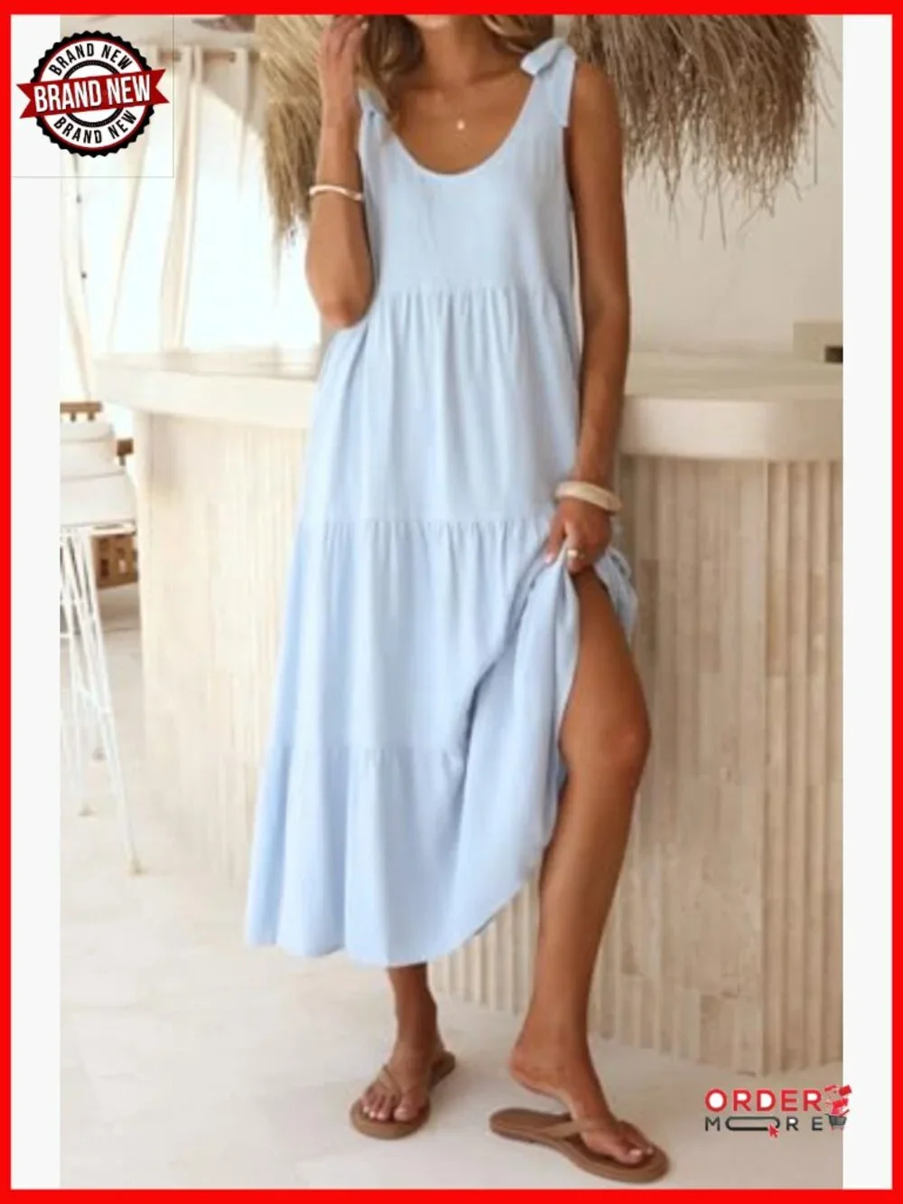 Tie Shoulder Linen Cotton Sundress Sleeveless Tiered Ruffle Midi Dress with - Picture 4 of 6